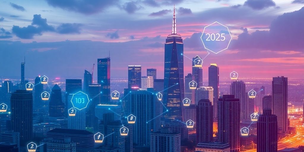 Futuristic city skyline with blockchain elements in real estate.