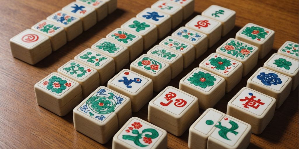 Mahjong tiles with intricate designs on a wooden table.