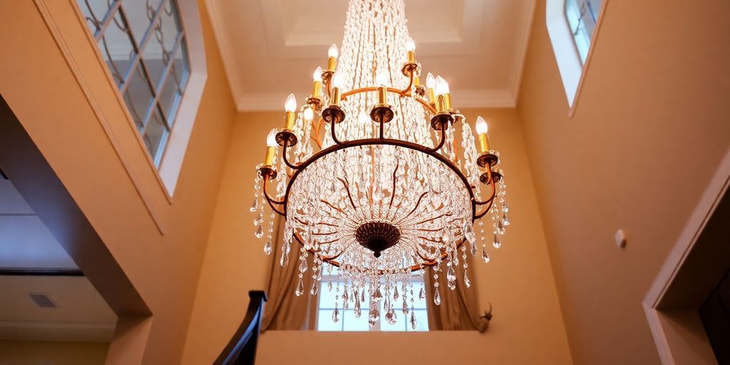 Elegant stairwell chandelier illuminating a modern home interior.