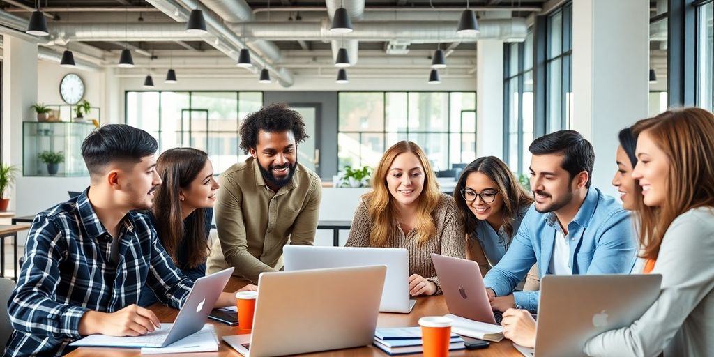 Diverse entrepreneurs collaborating in a modern workspace.