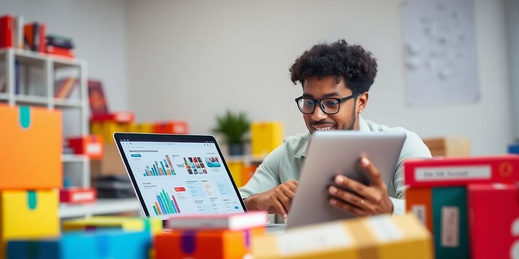 Person analyzing data on a laptop in a bright workspace.