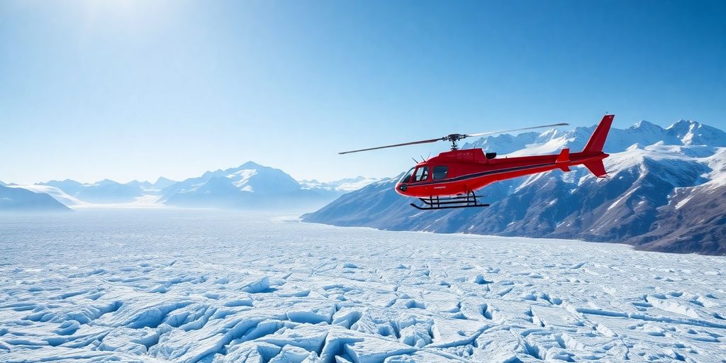 A helicopter flying over a vast Alaskan glacier and mountains.