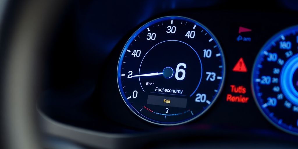 Car dashboard showing fuel economy gauge.