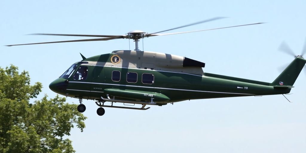 Marine One helicopter flying against a clear blue sky.