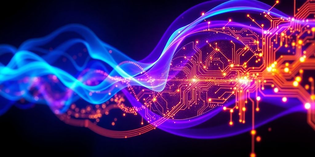 Abstract sound waves merging with digital circuitry.