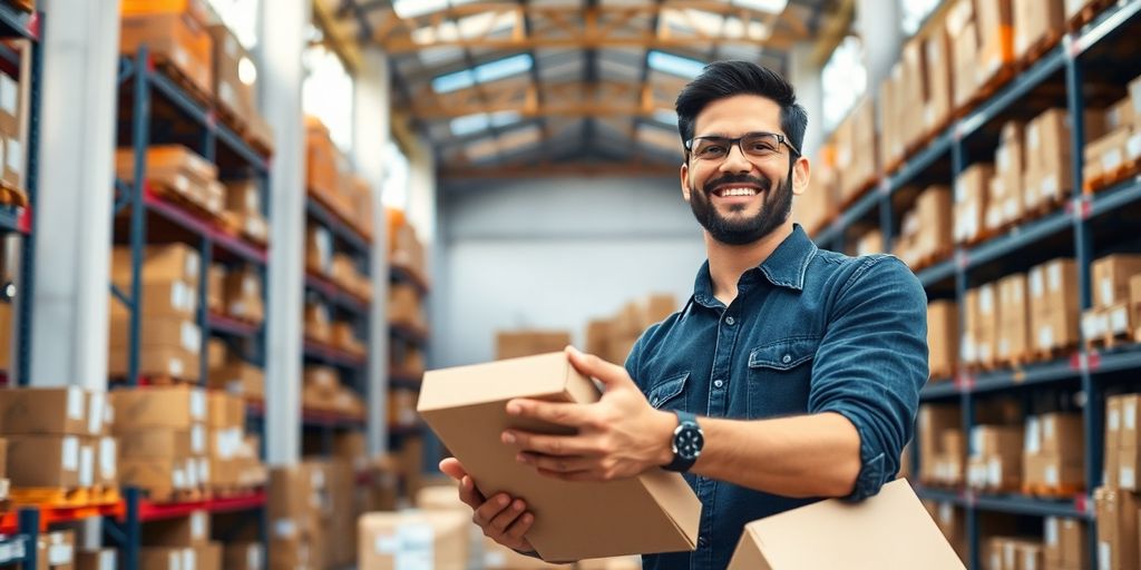 Warehouse with packages and a busy person
