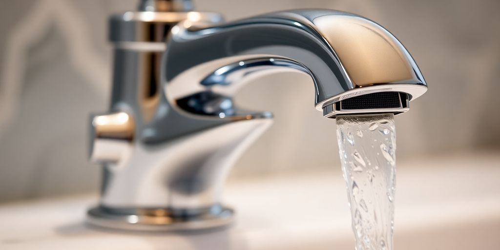 Close-up of elegant bathroom tap with polished chrome finish.