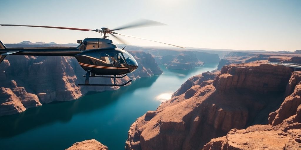 A helicopter flying over the Hoover Dam and canyon.