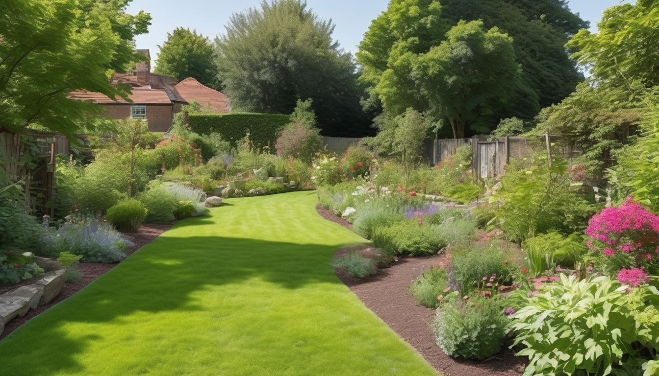 well-maintained garden with people clearing debris