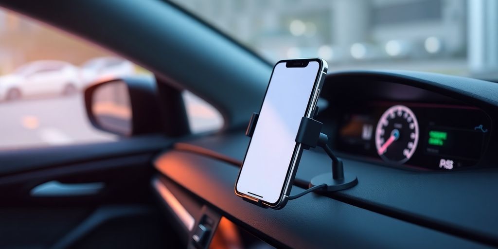 Car dashboard with wireless phone charger mount