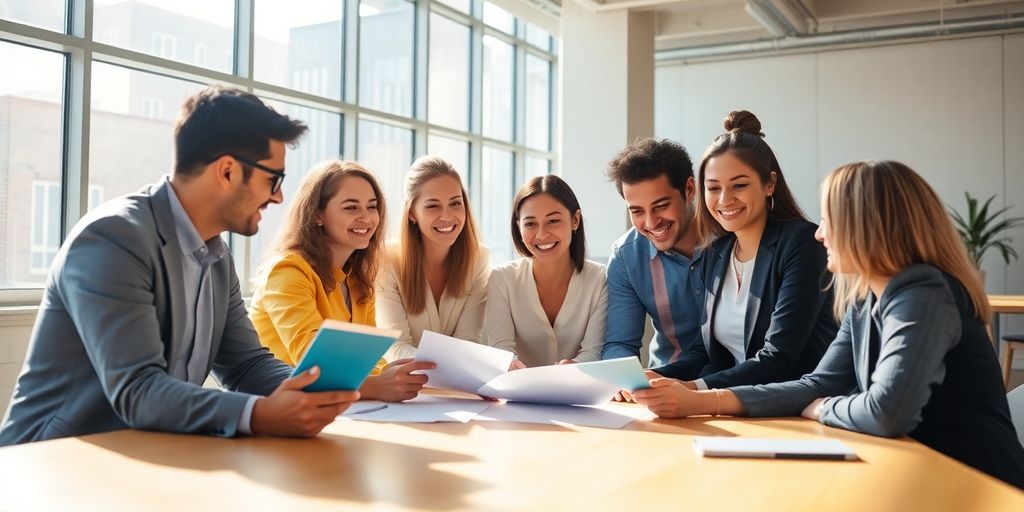 Empleados colaborando eficazmente en una oficina moderna.