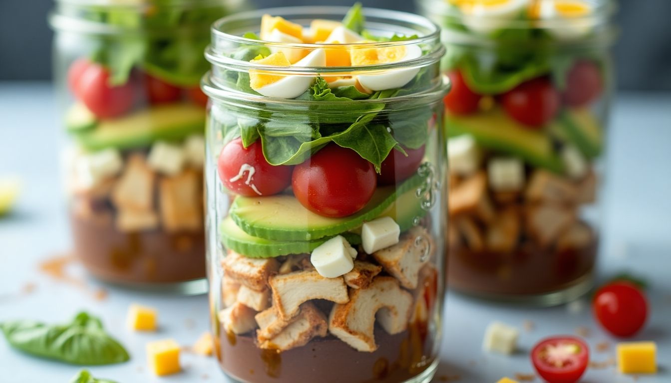 Mason jar filled with Chicken Cobb Salad ingredients.