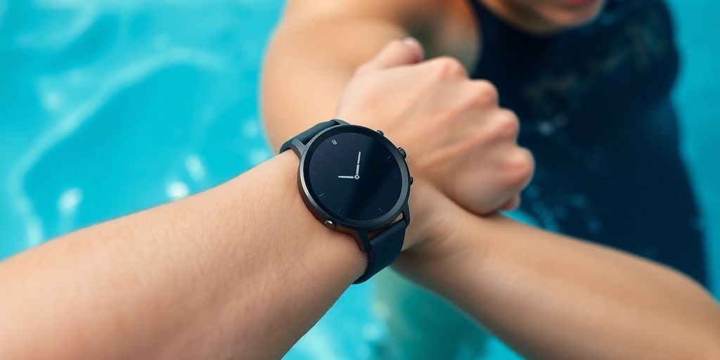 Fitness watch tracking swimming laps in a pool.