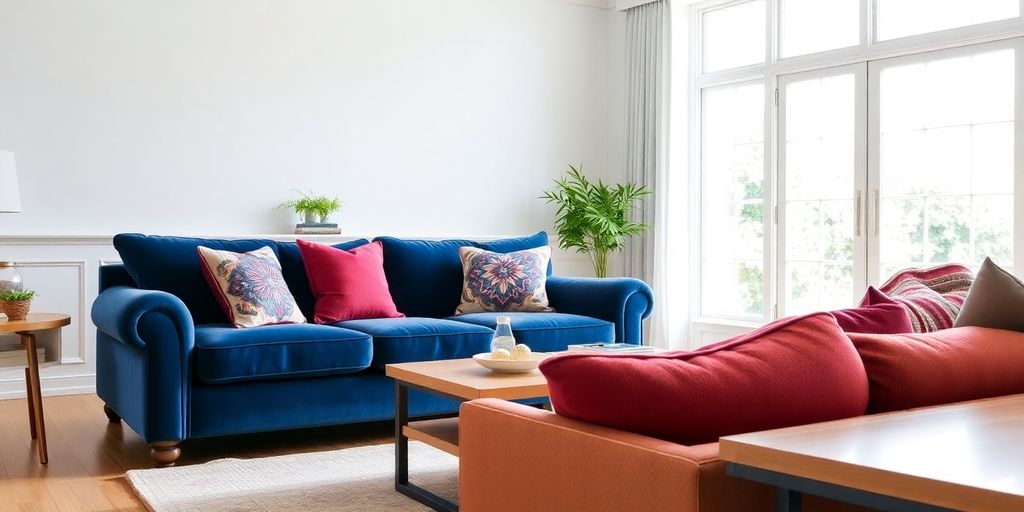 Elegant blue velvet sofa in a bright living room.
