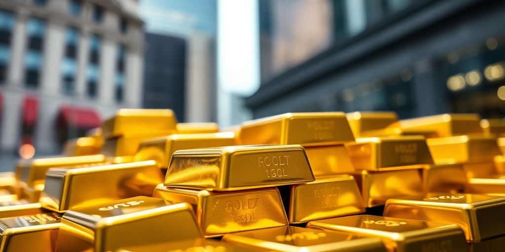 Des barres d'or brillantes empilées.