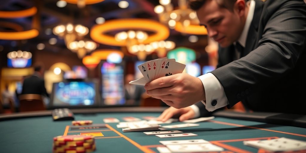 Live dealer at a casino table with cards.