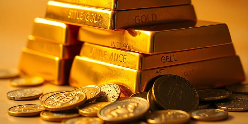 Stacked gold bars, various ancient coins