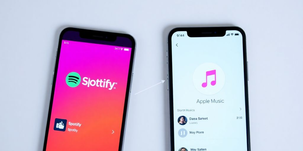 Spotify, Apple Music logos, overlapping screens