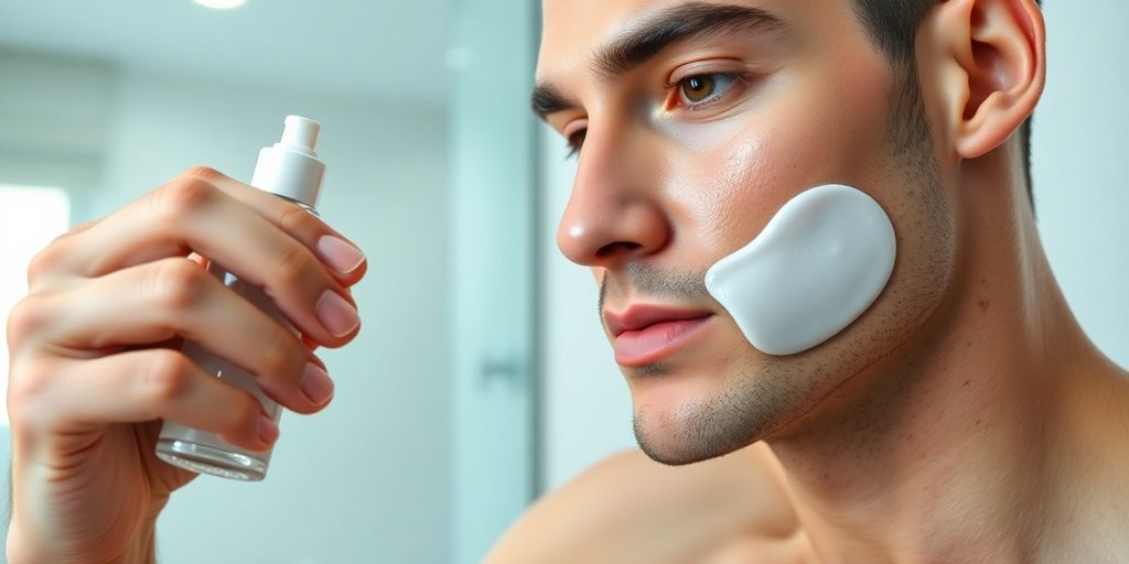 Man applying peptide toner in a bright bathroom.