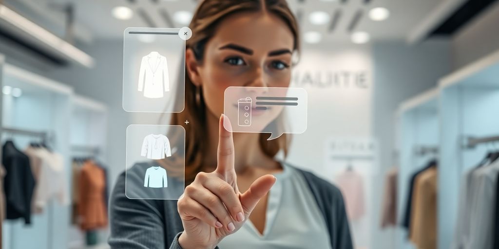 Žena koristi AI u kupovini, futuristička prodavnica