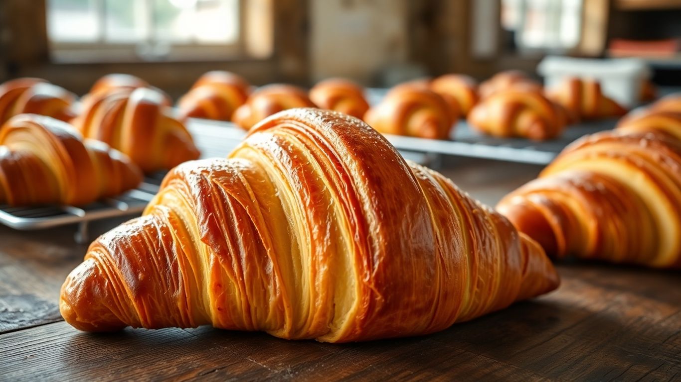 Freshly baked croissant with flaky layers on wooden table.