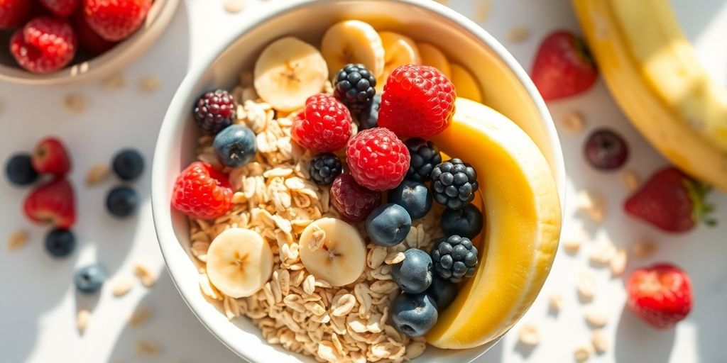 Colorful fruits and grains arranged in a vibrant snack bowl.