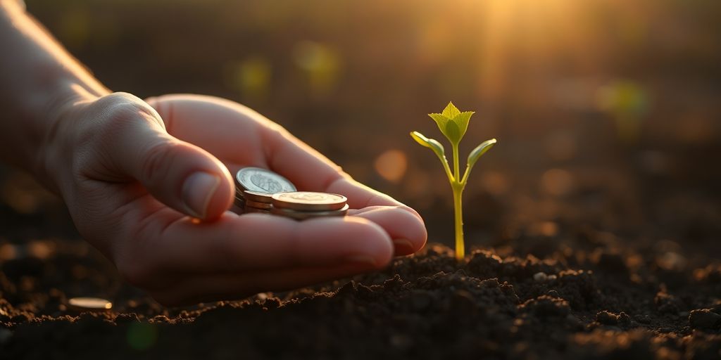 Person holding coins, growing plant, rising sun.
