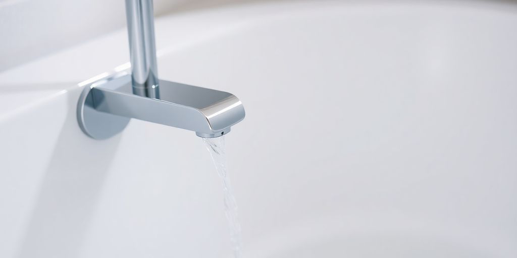 Modern bathtub tap with water flowing into tub.