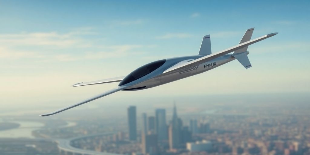 Archer electric aircraft in flight near city skyline.