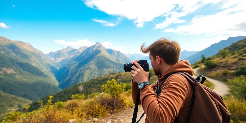 Travel blogger capturing scenic landscape with a camera.