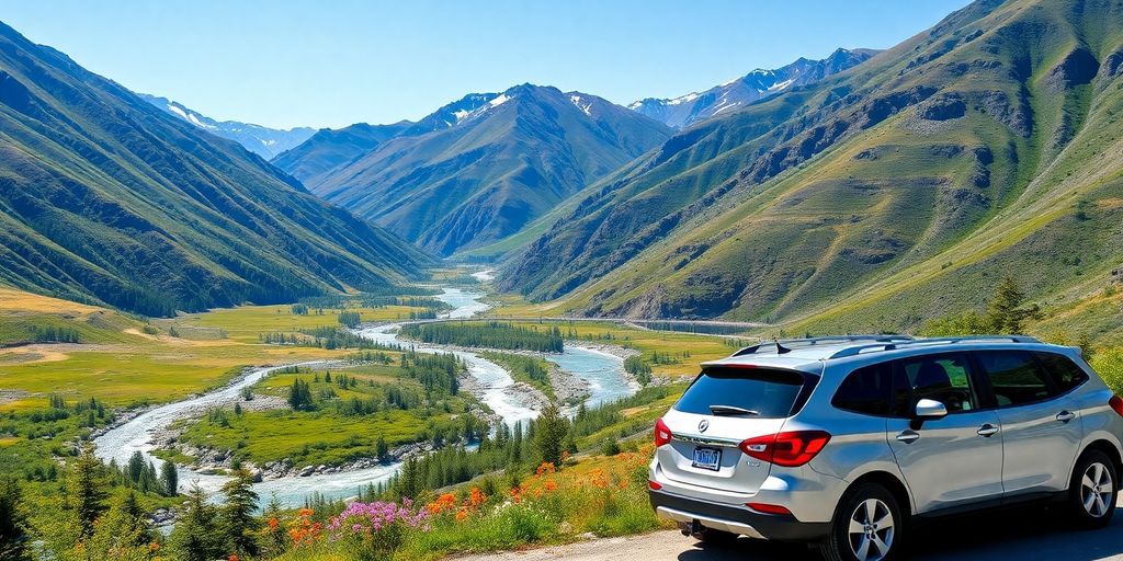 Lush Kalam Valley landscape with a parked rental car.