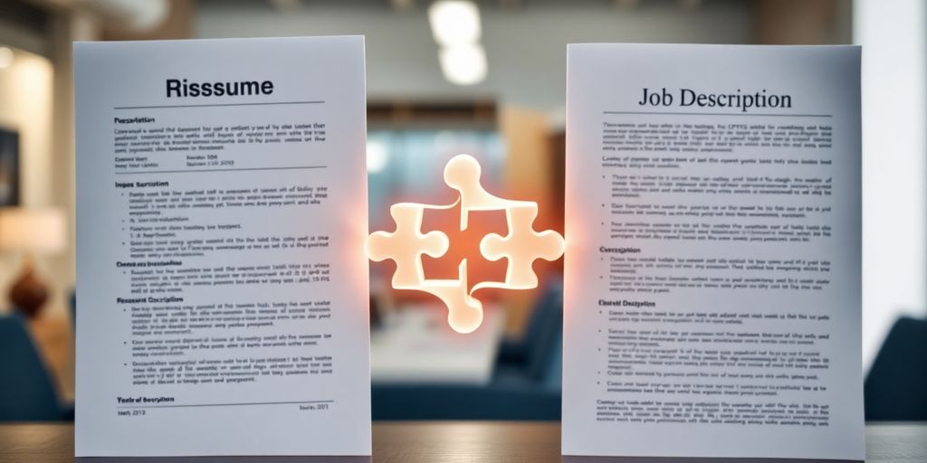 Resume, job description, glowing puzzle pieces fitting.