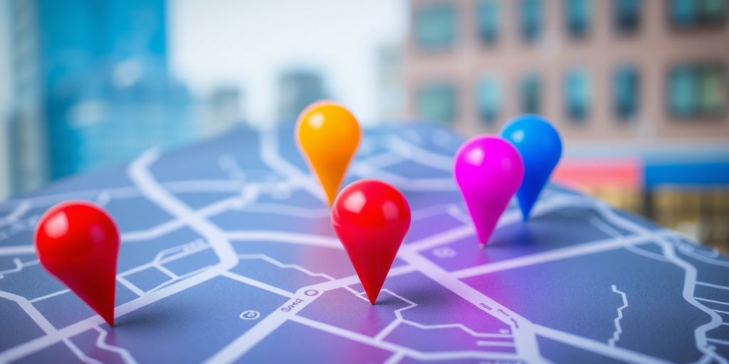Map pins on a blurred store facade.