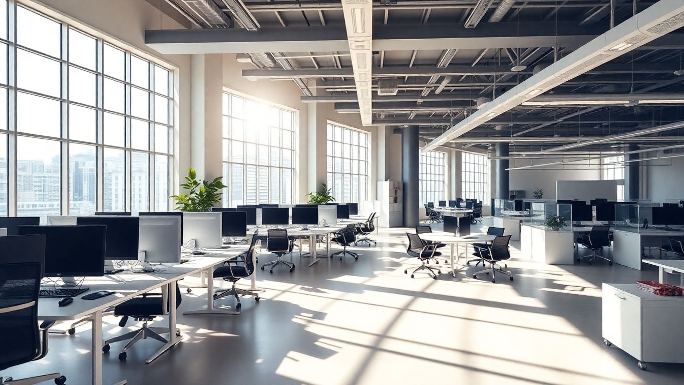 Moderne Büroflächen mit flexiblen Arbeitsplätzen und Tageslicht.