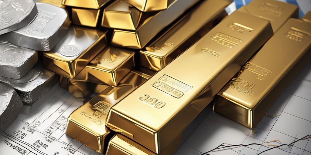 gold bars and silver coins with financial charts in the background