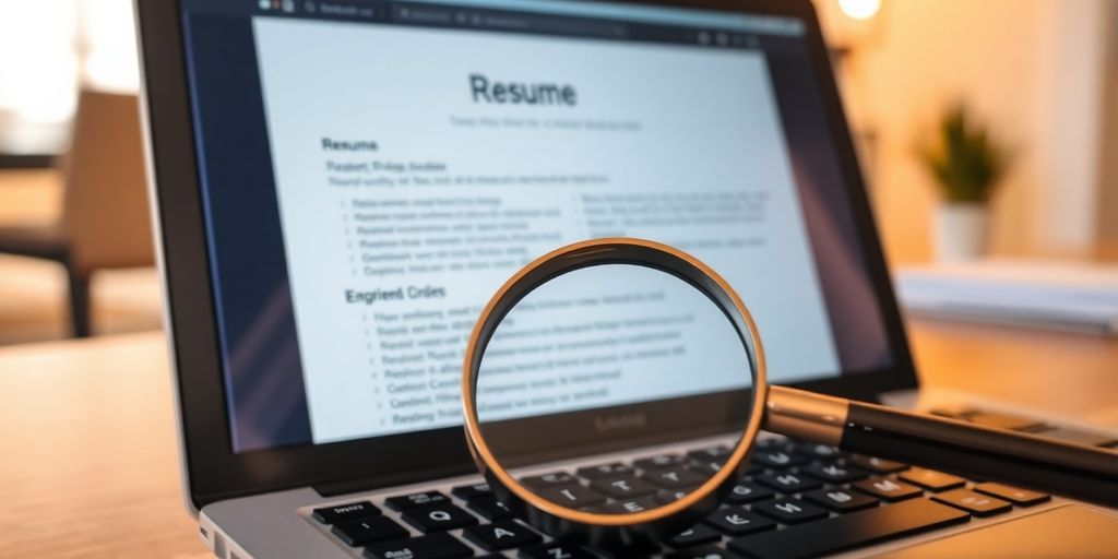 Laptop with resume on screen, magnifying glass.
