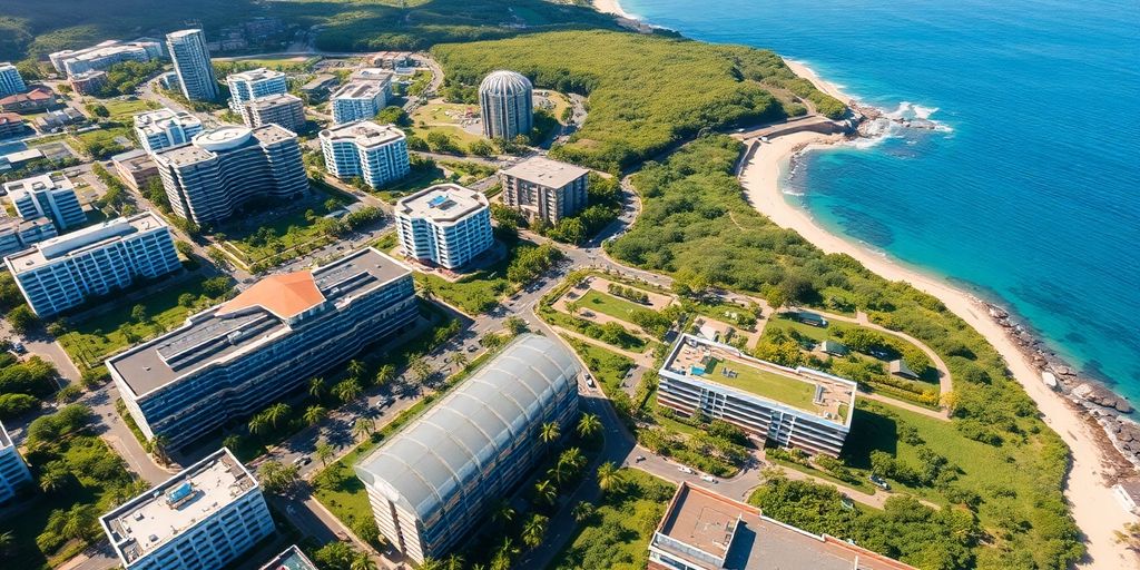 Aerial view of Maui's Smart City Project with green spaces.