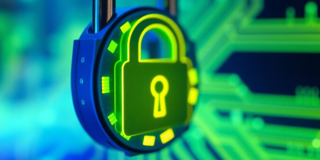 Futuristic digital lock with glowing circuit pattern.