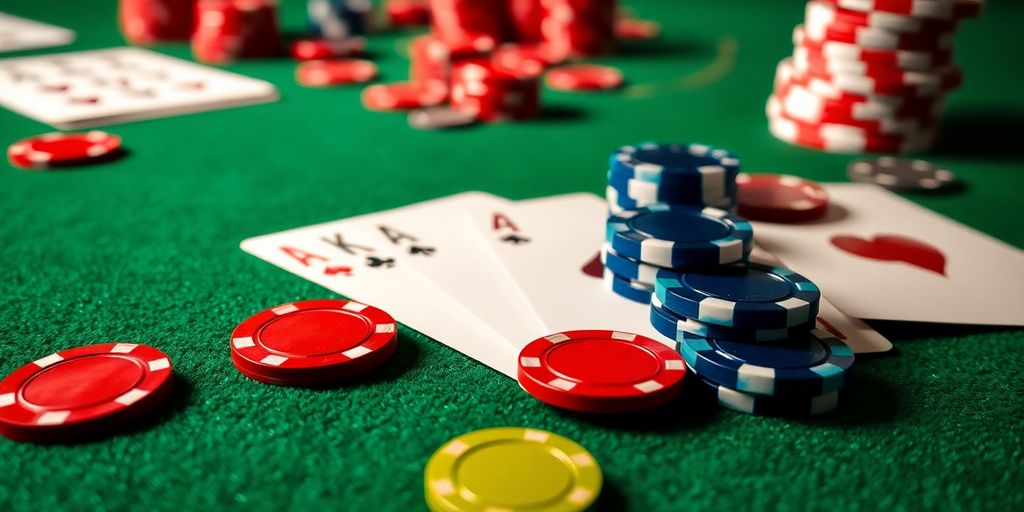Baccarat cards and chips on a green felt table.