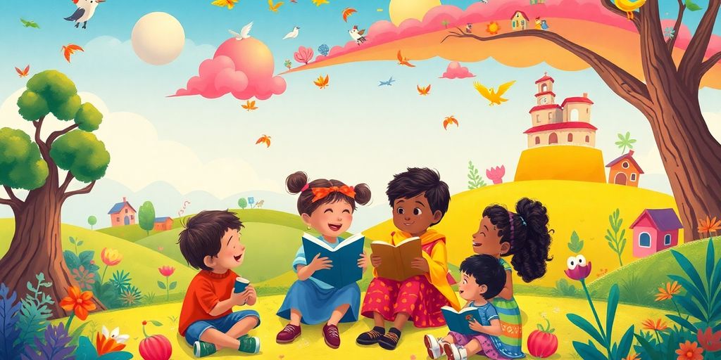 Children from diverse cultures engaged in imaginative storytelling.