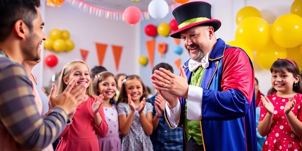 Family enjoying magic show with balloons and decorations.