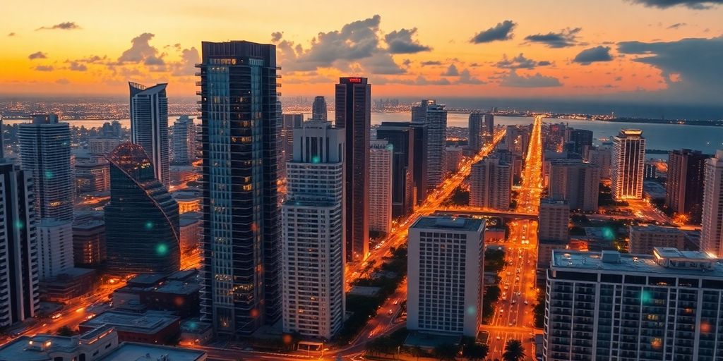 Miami skyline with futuristic digital overlays.