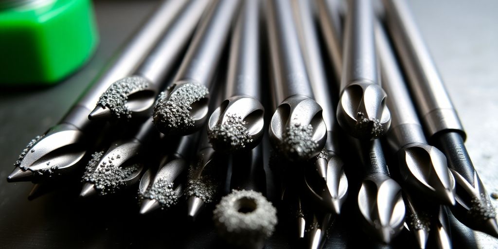 Different nail drill bits with varying grit sizes on table.
