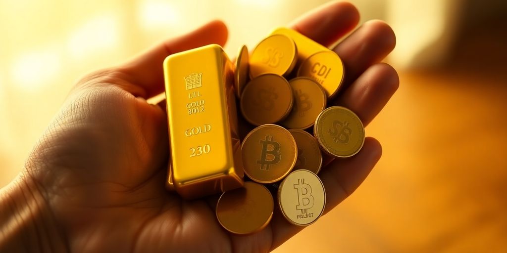Lingots et pièces d'or dans une main, lumière chaude.