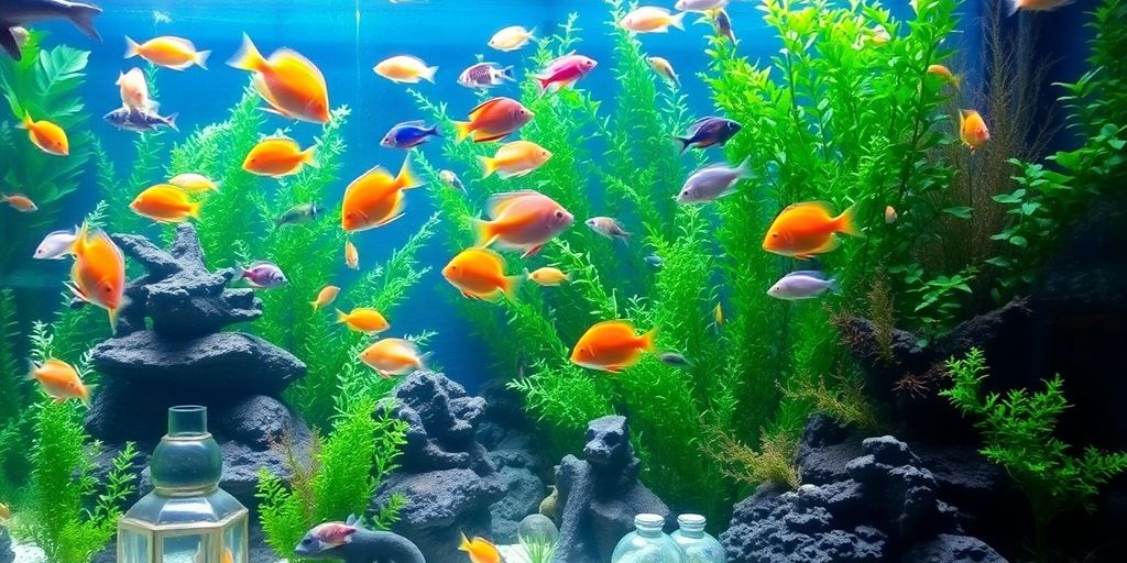 色彩斑斓的鱼在郁郁葱葱的水族箱中游动。