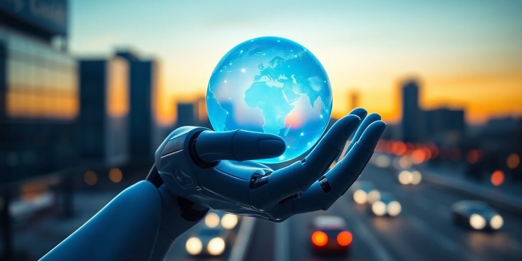 Robotic hand holding glowing data sphere.