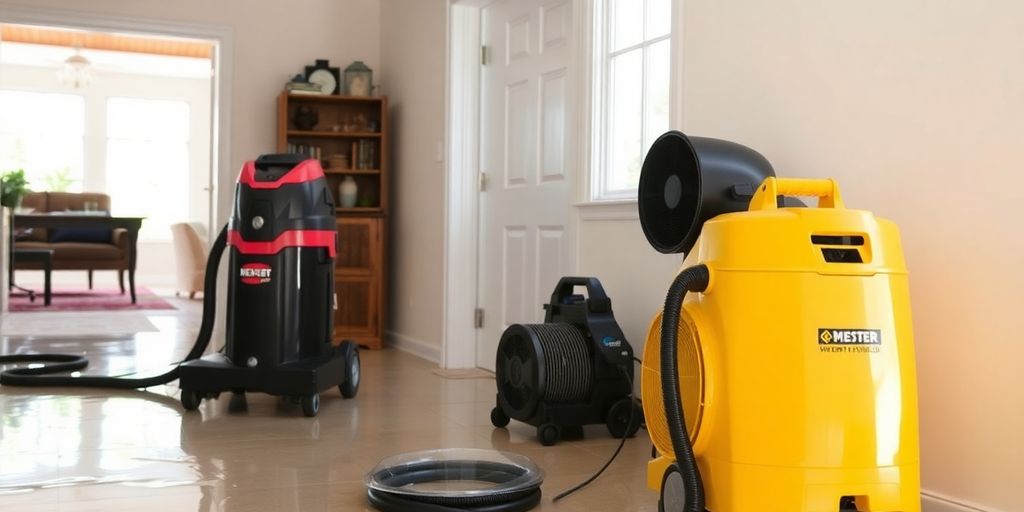 Home water extraction process with tools and drying equipment.