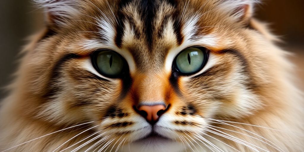 Fluffy Siberian cat with luxurious fur, bright eyes.