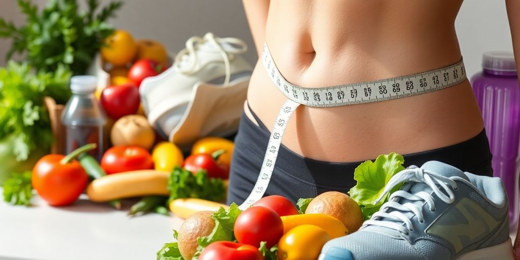 Person's midsection with measuring tape, healthy food, and active gear.