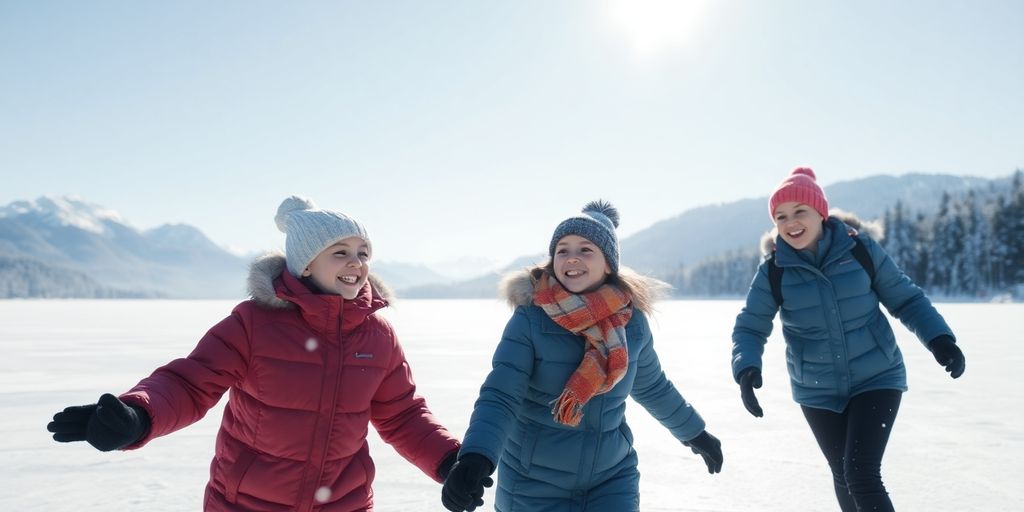Family ice skating on a frozen lake